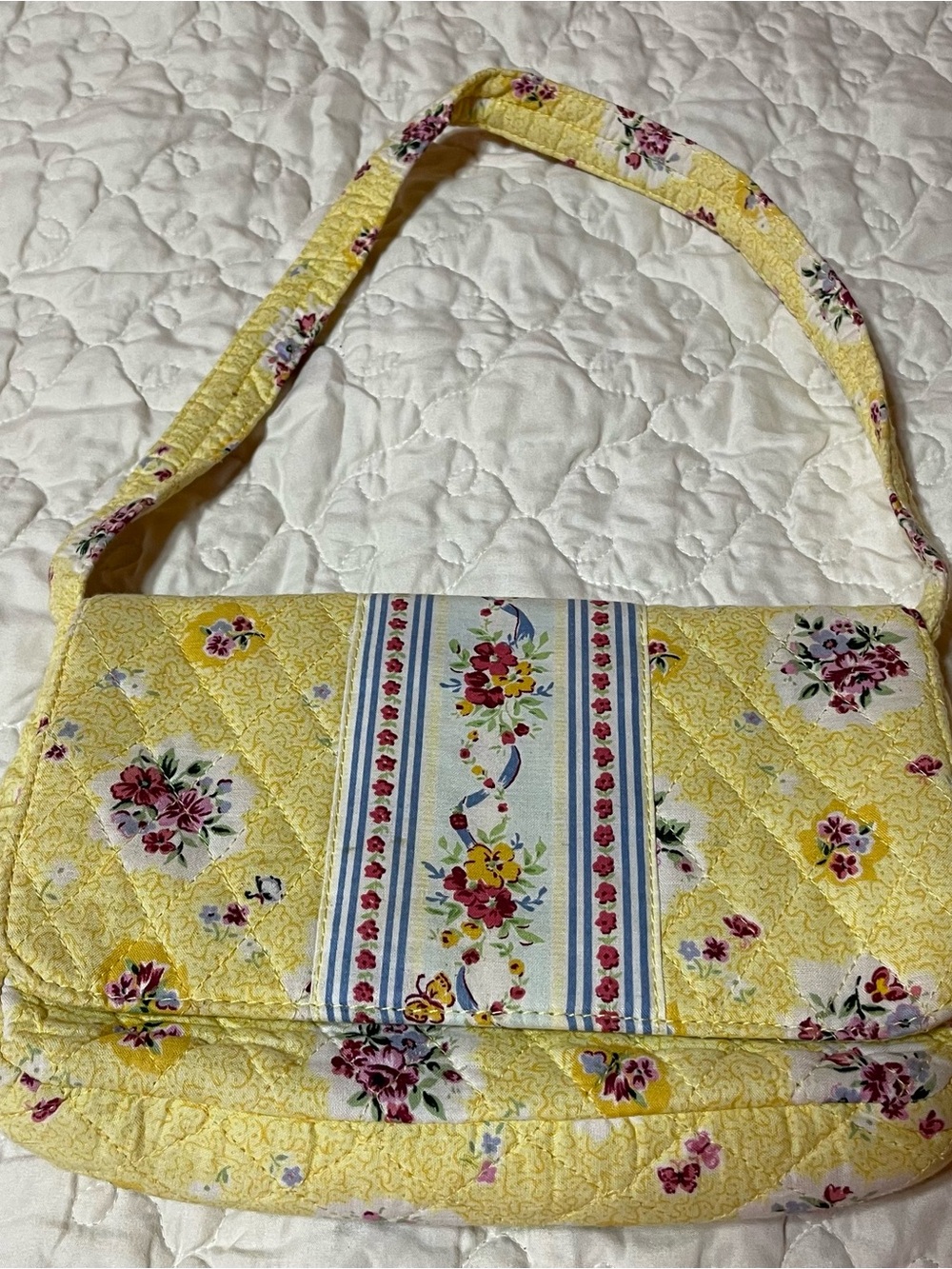 Yellow Floral Quilted Shoulder Bag with Striped Panel